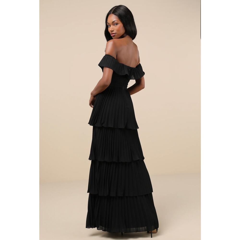 Lulus Always Remarkable Black Pleated Tiered Off Shoulder Maxi Dress M - Picture 2 of 8